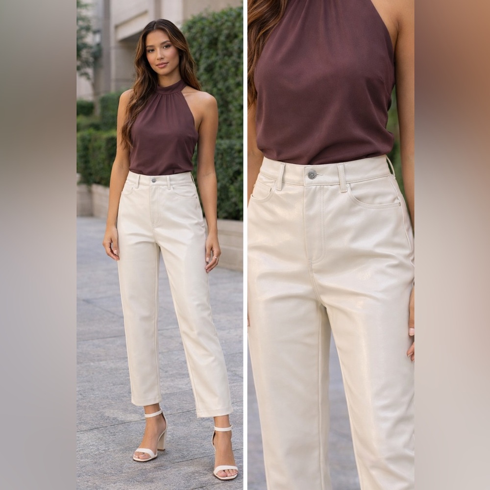 7 For All Mankind Ivory high rise Faux Leather straight leg Pants 27 ankle